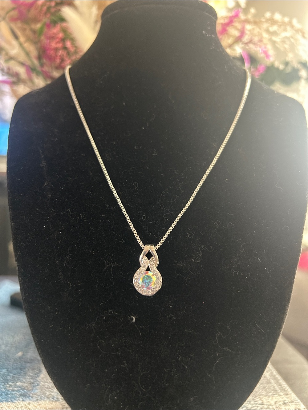 Iridescent Crystal Teardrop Pendant Necklace in Silver-Tone